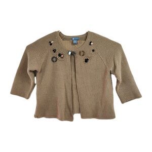 Koret Caridgan Sweater Women's L Tan Embellished Open Front Top Clasp 3/4 Slvs